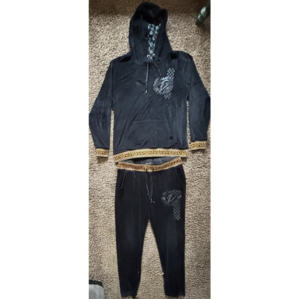 8IGHTH DSTRKT Velour Tracksuit Hoodie Joggers Black Gold Greek Key Set 3XL
